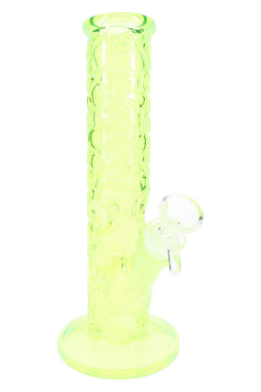 9½″ neon green textured rock wall straight shooter glass bong with flared base and clear bowl on side joint