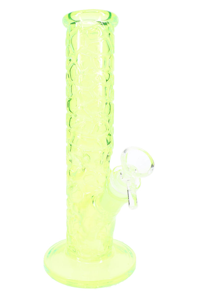 9½″ neon green textured rock wall straight shooter glass bong with flared base and clear bowl on side joint