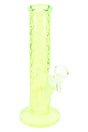 9½″ neon green textured rock wall straight shooter glass bong with flared base and clear bowl on side joint