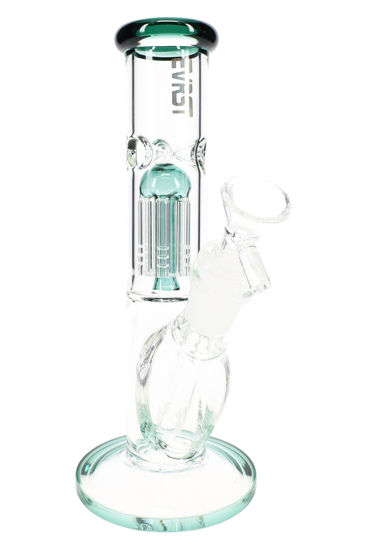 EVRST 8½″ straight shooter bong with teal accents, tree perc chamber and wide round base with angled bowl joint