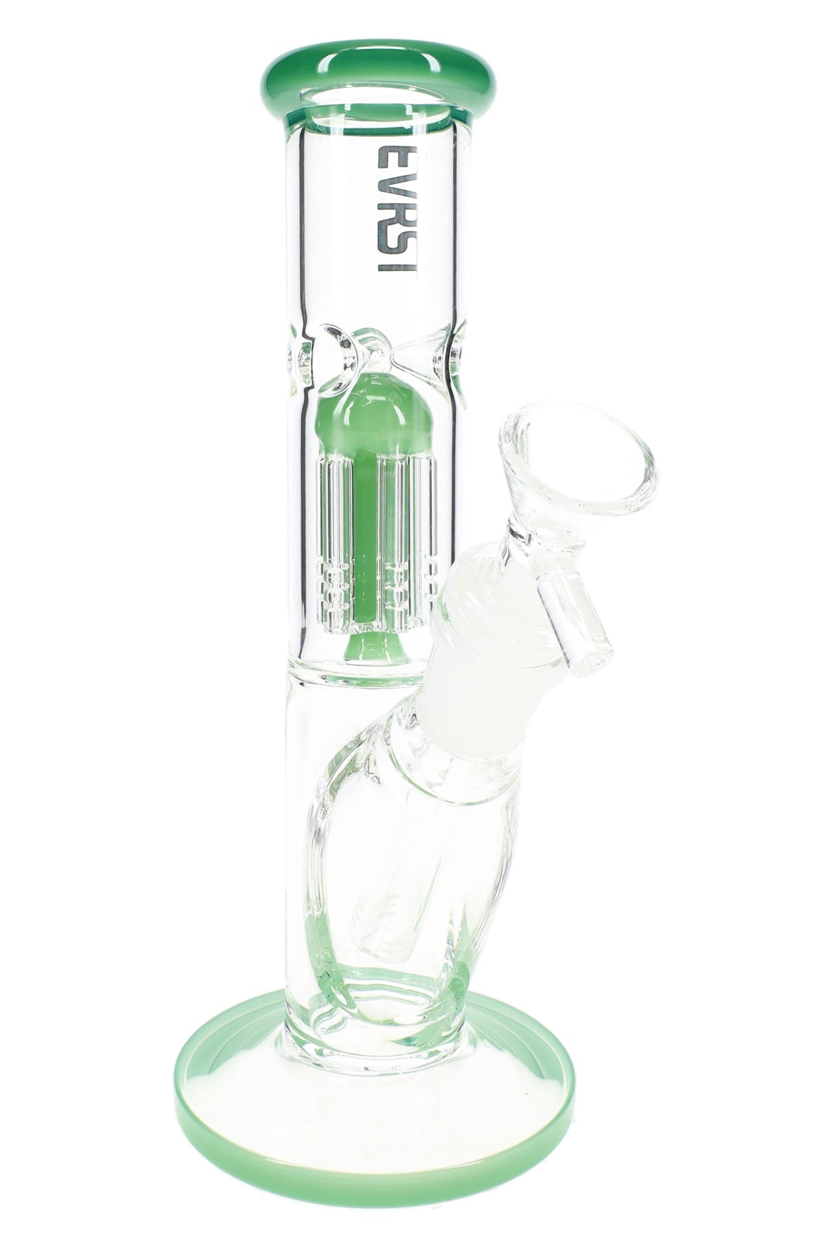 EVRST 8½″ straight shooter glass bong with green accents, tree perc chamber, angled glass-on-glass joint and bowl