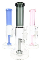 Assorted 10″ stemless glass bongs with showerhead percs in blue, gray, and pink accent colors with bowls