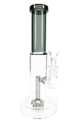 10″ stemless glass-on-glass bong with smoky gray neck accent, showerhead perc, wide base, and clear bowl