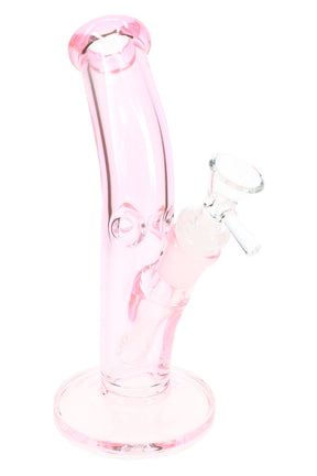 8½″ pink translucent curved glass bong with angled glass-on-glass joint, clear bowl, and wide round base