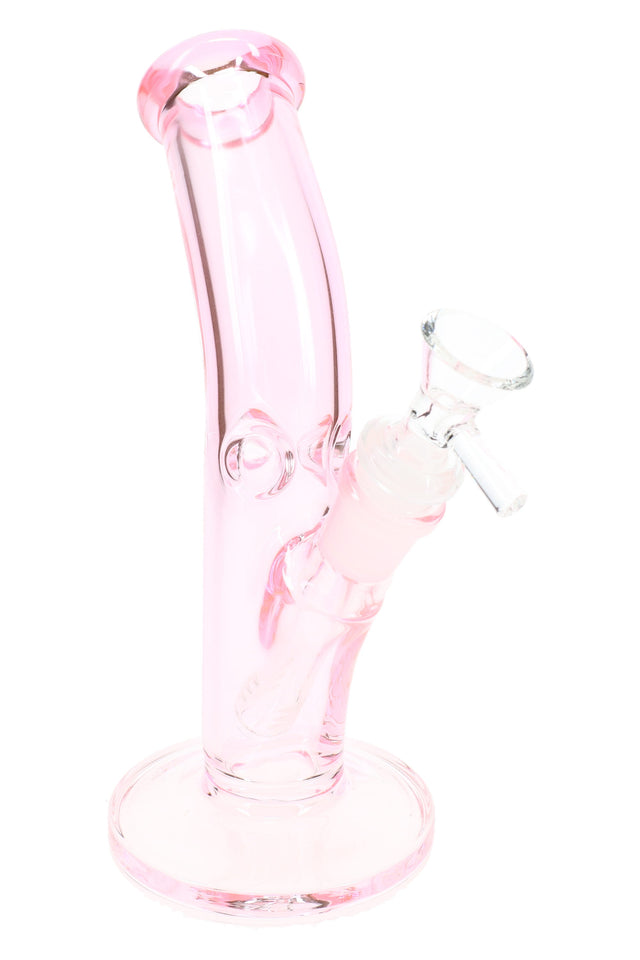 8½″ pink translucent curved glass bong with angled glass-on-glass joint, clear bowl, and wide round base