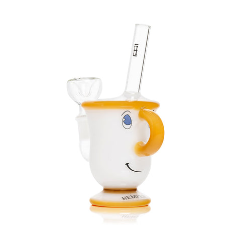 Side angle Hemper tea cup bong with amber handle, clear bowl and straw mouthpiece, white cup body and face decal