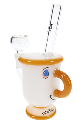 Hemper tea cup glass bong with amber handle and rim, smiling face decal, clear straw mouthpiece and bowl