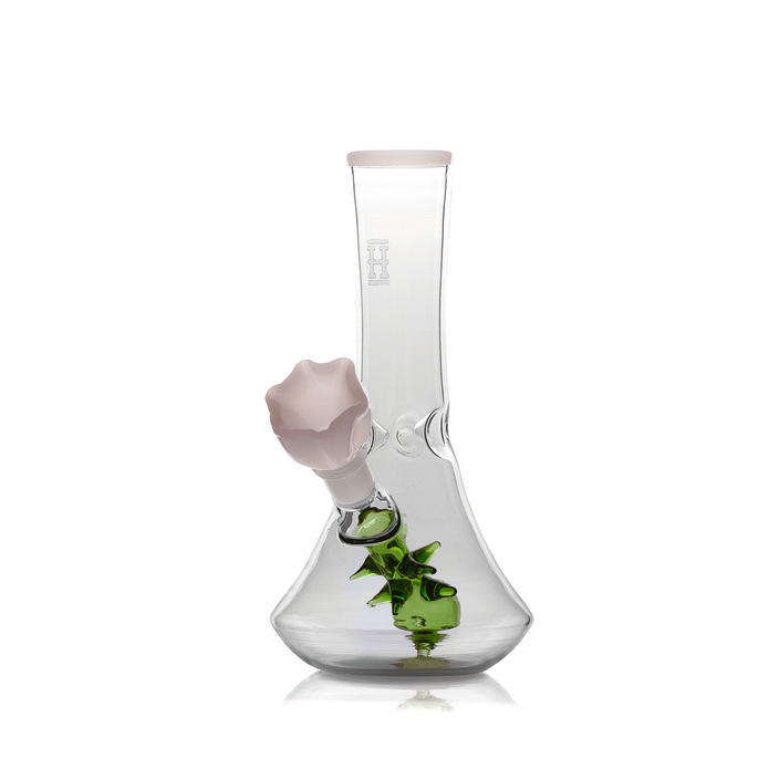Front view white-rim flower vase bong with rose bowl installed, compact 7″ glass bong with stable 3.5″ base