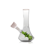 Side-angle view of white-rim flower vase bong showing green stem downstem and rose bowl placement on top