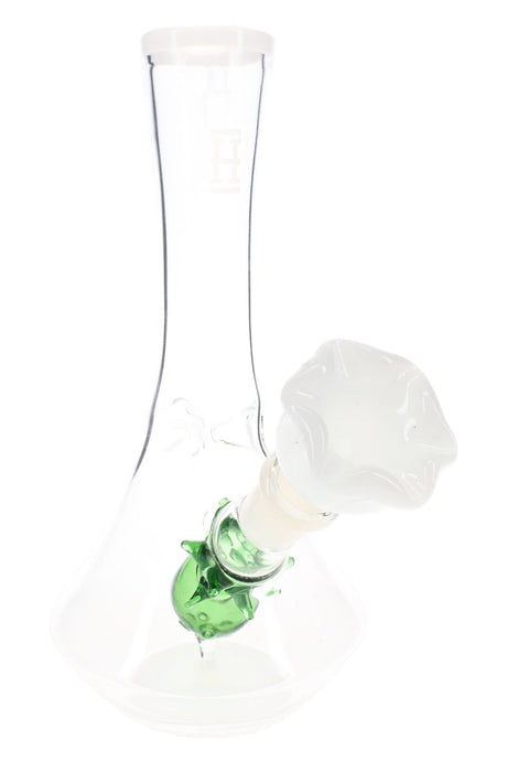 White-rim 7″ flower vase bong with white rose bowl and green stem-style downstem inside the chamber