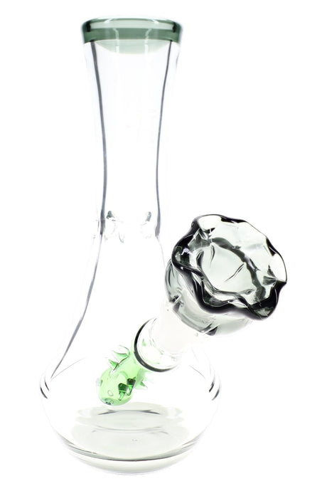 Dark-rim 7″ flower vase bong with smoky rose bowl and green stem downstem, compact display-ready glass bong