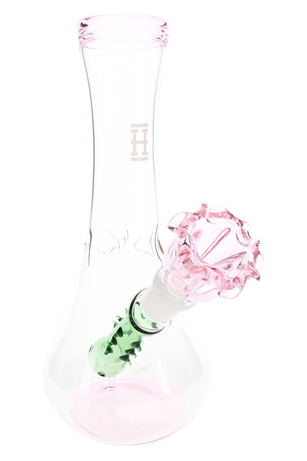 Pink-rim 7″ flower vase bong with pink rose bowl and green stem downstem, vase-style glass bong profile view