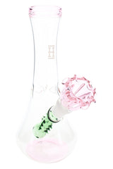 Pink-rim 7″ flower vase bong with pink rose bowl and green stem downstem, vase-style glass bong profile view
