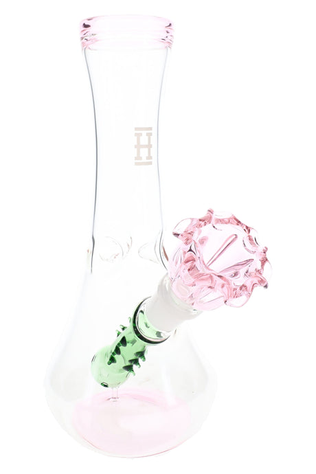 Pink-rim 7″ flower vase bong with pink rose bowl and green stem downstem, vase-style glass bong profile view