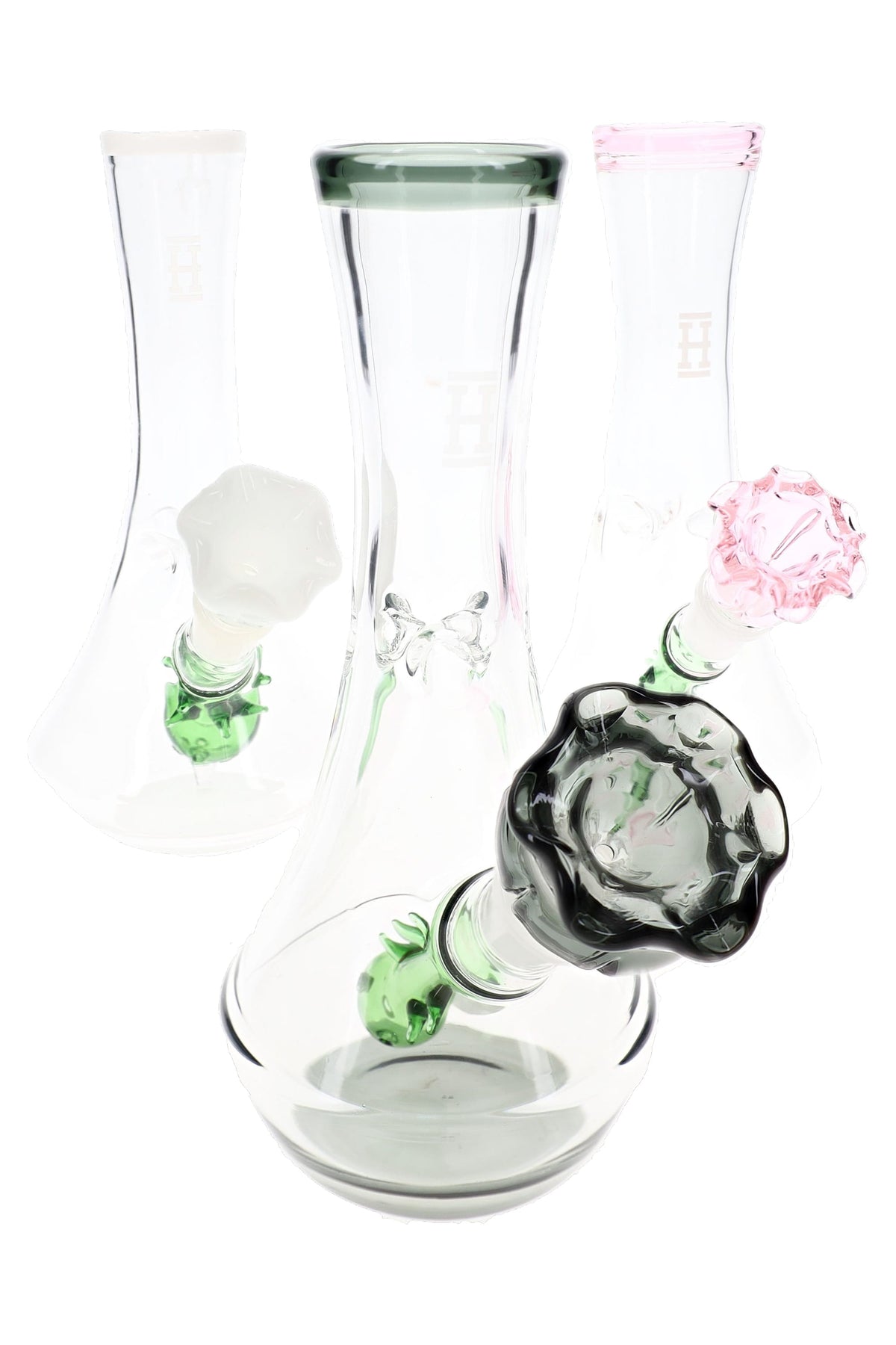 Three Hemper flower vase glass bongs in mixed colors with rose bowls, compact 7″ giftable bong lineup