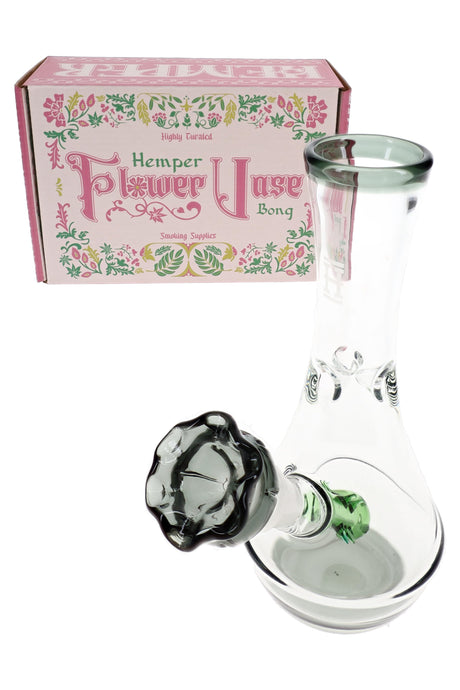 Hemper Flower Vase glass bong with floral retail box, 7″ vase-style bong and rose bowl for dry herb use