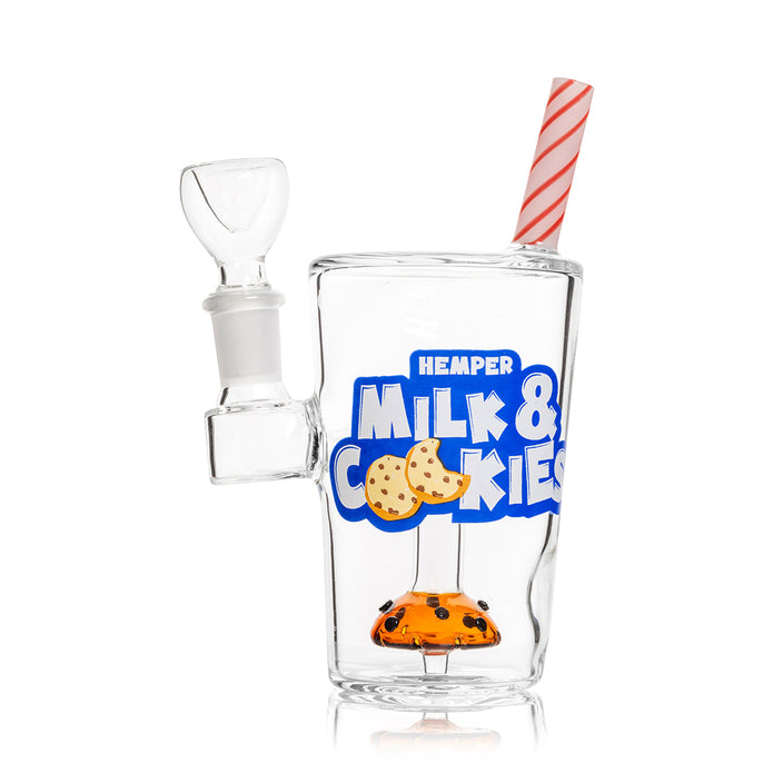 Hemper Milk & Cookies retail box with matching milk glass bong, cookie perc inside and striped straw mouthpiece