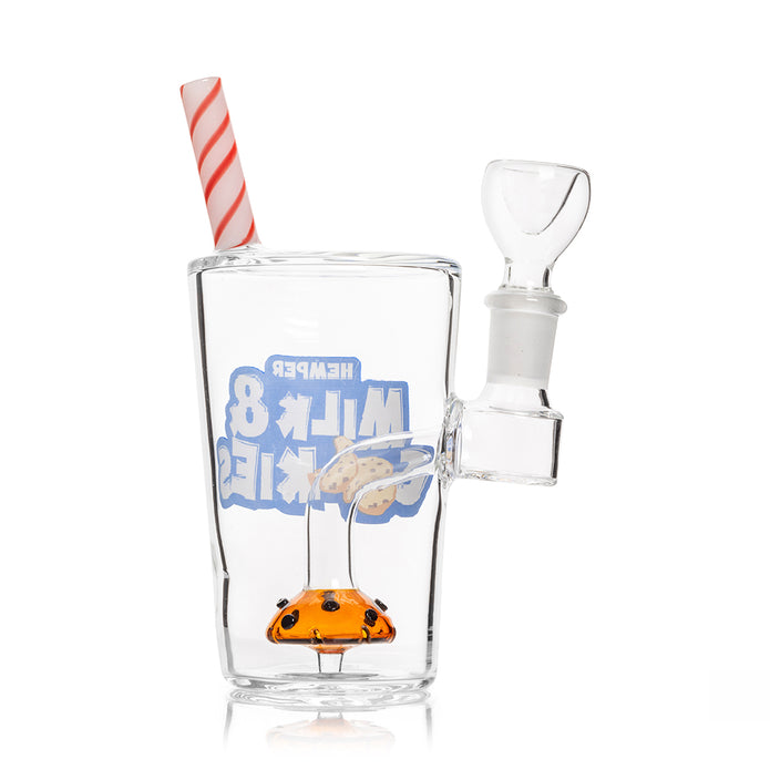 Front view Hemper Milk & Cookies glass bong with 14 mm bowl, striped straw mouthpiece, and cookie perc detail