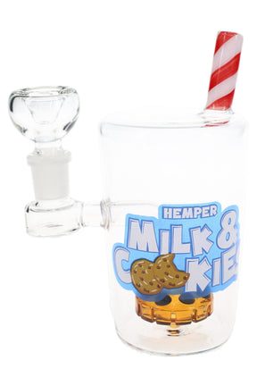Hemper Milk & Cookies glass bong close-up with 14 mm bowl, striped straw mouthpiece, and cookie perc visible