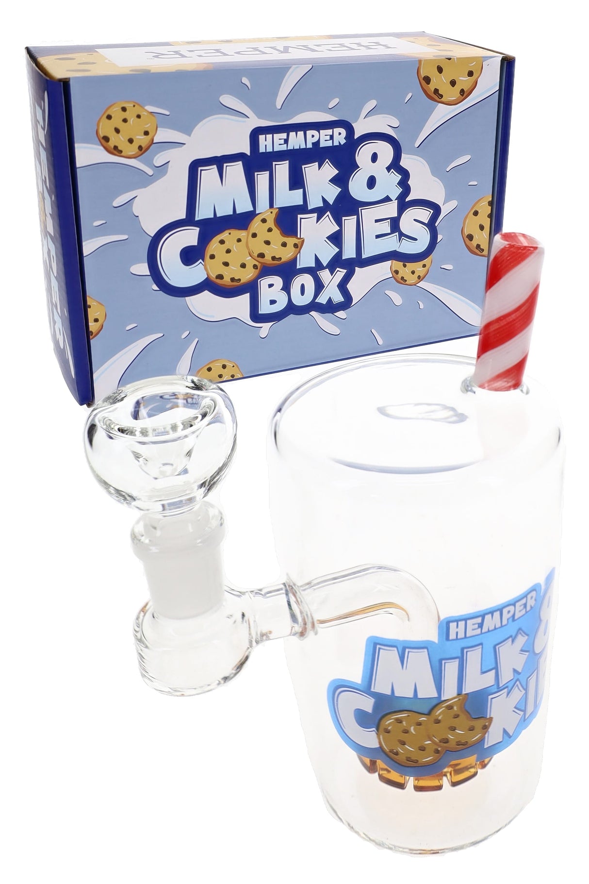 Hemper Milk & Cookies Box behind milk glass bong, showing striped straw mouthpiece and dry herb bowl attachment