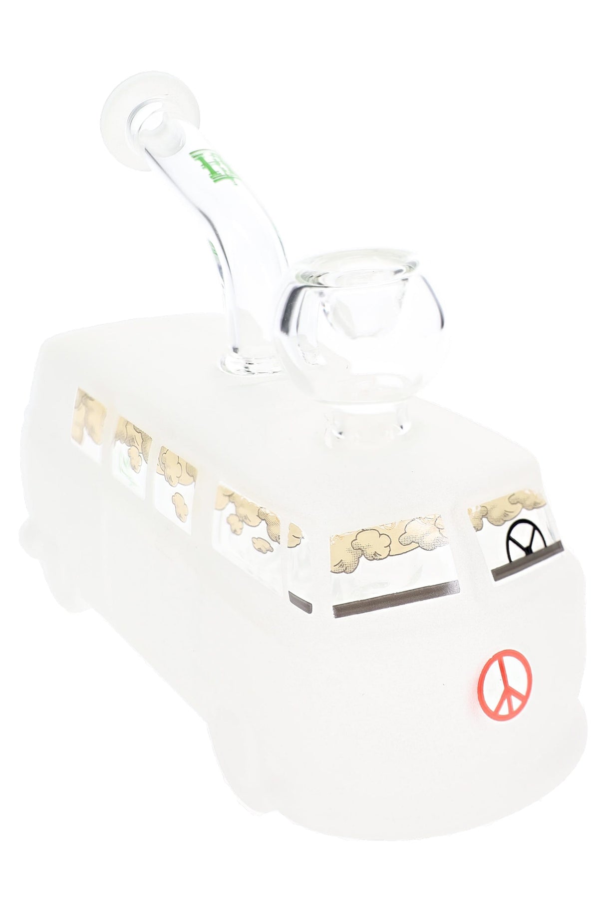 Frosted Groovy Van glass bong angled view showing recessed joint and bowl position on compact van-shaped water pipe