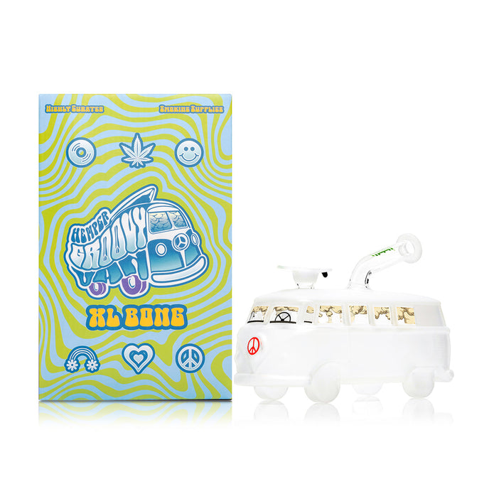 Hemper Groovy Van XL bong beside branded box, full side profile with frosted body and clear window panels