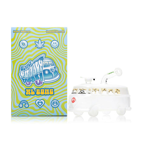 Hemper Groovy Van XL bong beside branded box, full side profile with frosted body and clear window panels