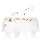Side view of van-shaped glass bong showing hotbox smoke window decals and recessed 14 mm joint area