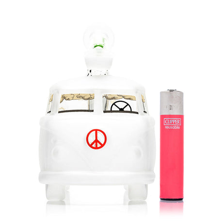 Groovy Van XL bong next to pink lighter for size reference, frosted van body and bent mouthpiece visible