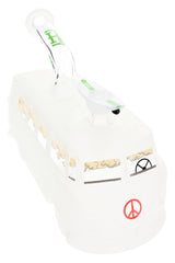 Angled view of frosted Groovy Van XL bong showing green Hemper logo on mouthpiece and recessed joint