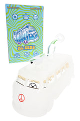 Hemper Groovy Van XL glass bong with frosted van body, clear windows, and showerhead perc inside beside branded box