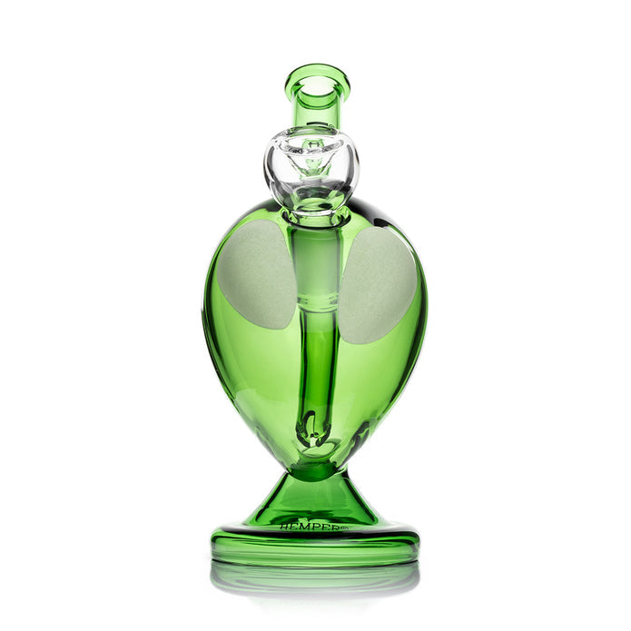 Front view of green alien head bong with frosted oval eyes, clear bowl on top, and compact 6″ tabletop profile