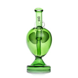 Rear view of alien head glass bong showing clear mouthpiece tube with Hemper logo and rounded green base shape