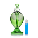 Green alien head bong next to blue lighter for size reference, compact 6″ glass bong with frosted eye details
