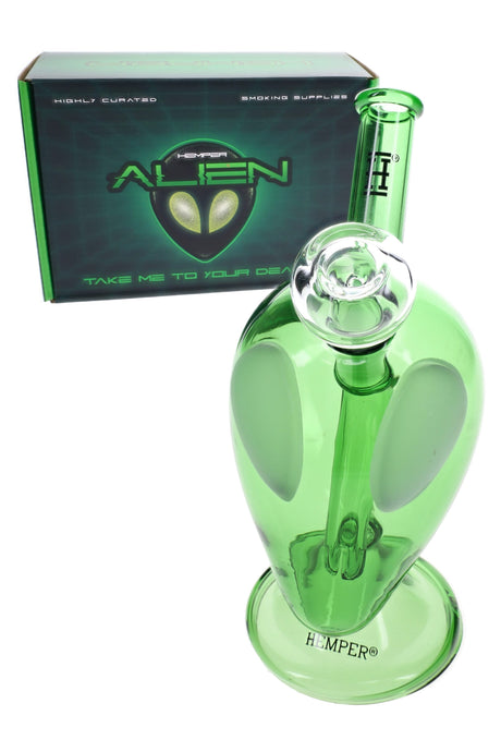 Hemper alien head glass bong with retail box, translucent green body, frosted oval eyes, and clear bowl included