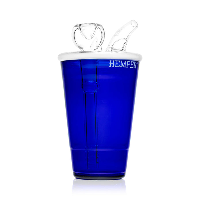 Side view of blue party cup glass bong with internal downstem and clear splash-guard mouthpiece, bowl facing right