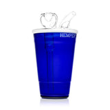 Side view of blue party cup glass bong with internal downstem and clear splash-guard mouthpiece, bowl facing right