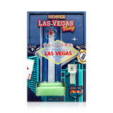 Close-up of Hemper Las Vegas bong box artwork with matching sign-shaped glass bong shown for giftable presentation
