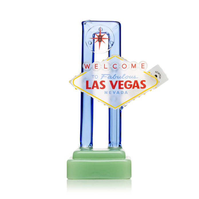 Front view of Las Vegas sign glass bong with blue frame and green base, recessed 14 mm joint and flower bowl