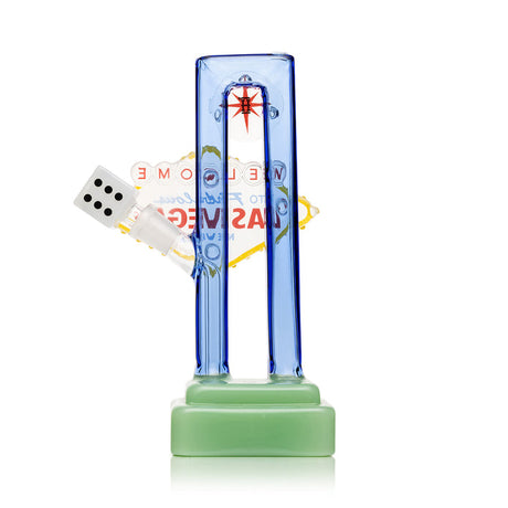 Rear view Las Vegas sign glass bong showing back panel silhouette, green base footing, and sturdy 8″ display shape