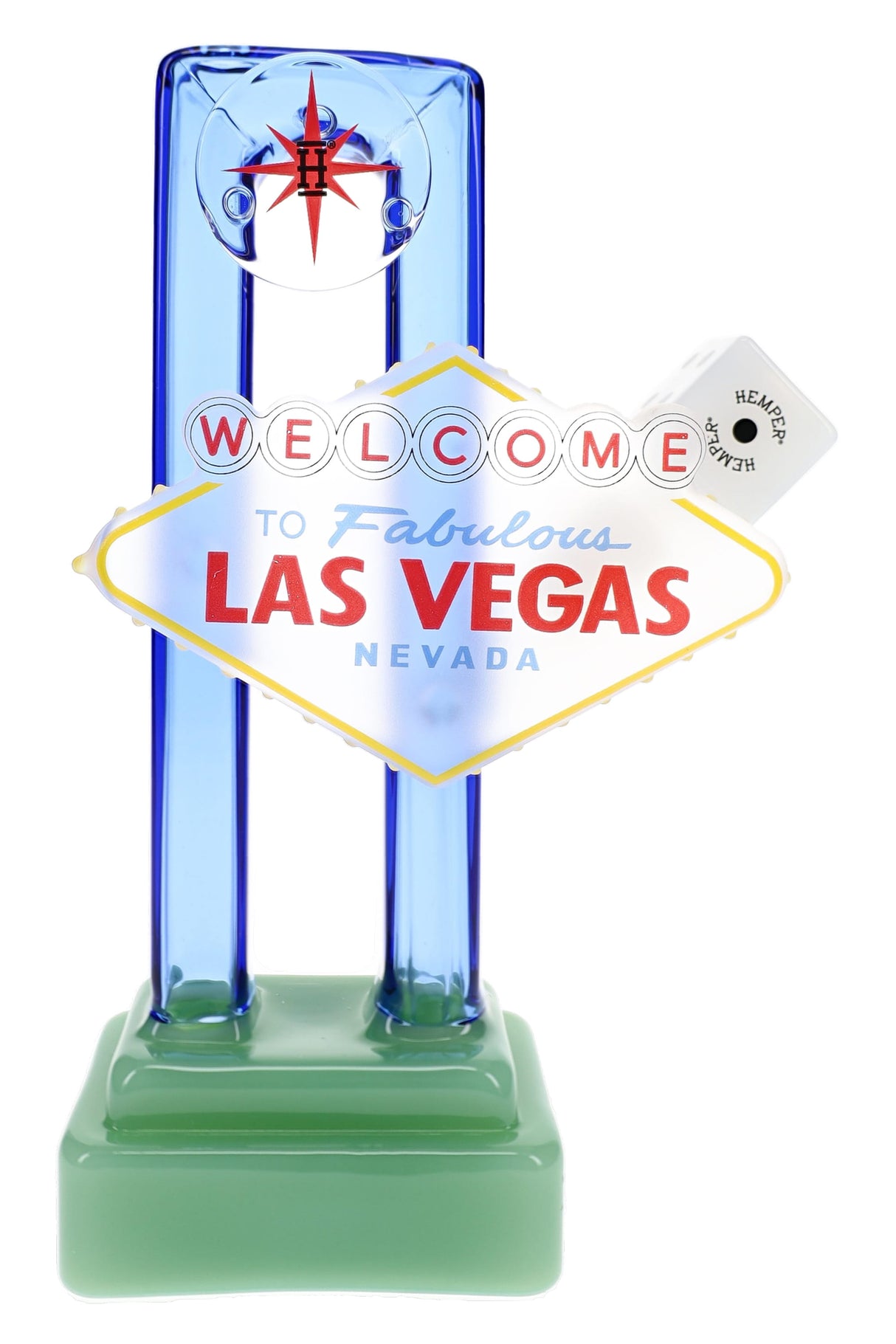 Hemper Las Vegas sign glass bong with blue frame and green base, recessed joint and showerhead perc, 8″ tall