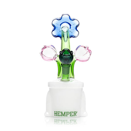 Rear view of Hemper Bloom XL glass bong showing bowl joint area, green stem, and HEMPER logo on the white base