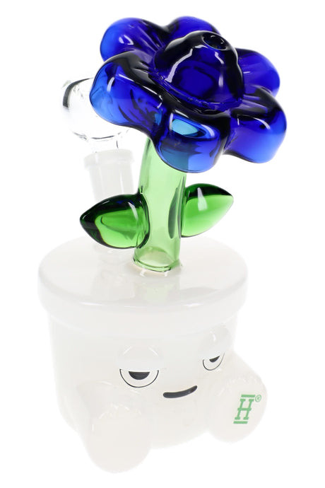 Hemper Bloom glass bong with blue flower top, green stem, and white character base with sleepy face decal