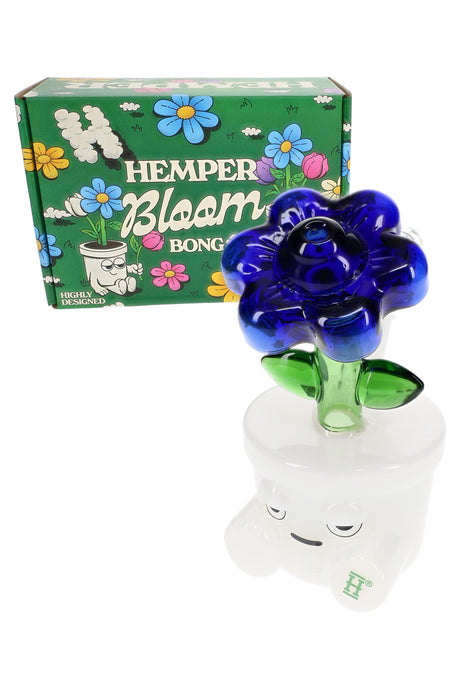 Hemper Bloom bong with green retail box, blue flower mouthpiece and white base, giftable shelf-ready presentation