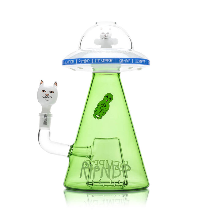 Front view Lord Nermal UFO XL glass bong with clear dome top, blue RIPNDIP x Hemper band, and green cone chamber