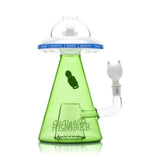 Rear view of Lord Nermal UFO XL bong showing green cone body graphic and white cat bowl joint on the right side