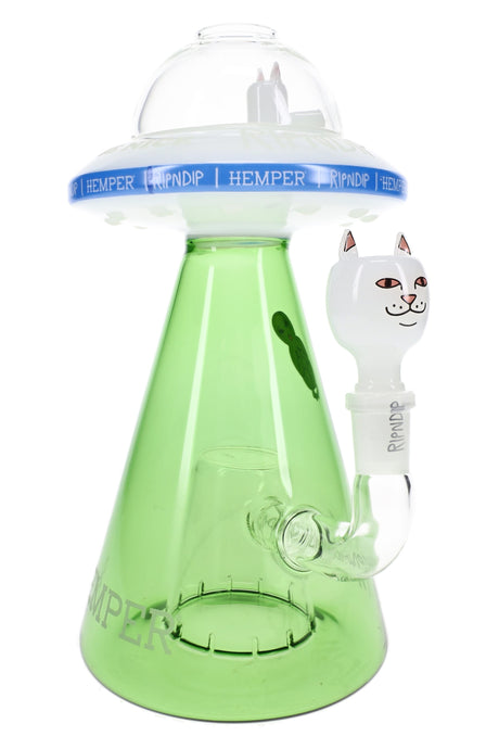 RIPNDIP x Hemper “Lord Nermal” UFO XL glass bong with dome saucer top, green cone body, and cat bowl