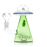 Front view Lord Nermal UFO glass bong with clear dome top, blue RIPNDIP x Hemper band, and green cone chamber