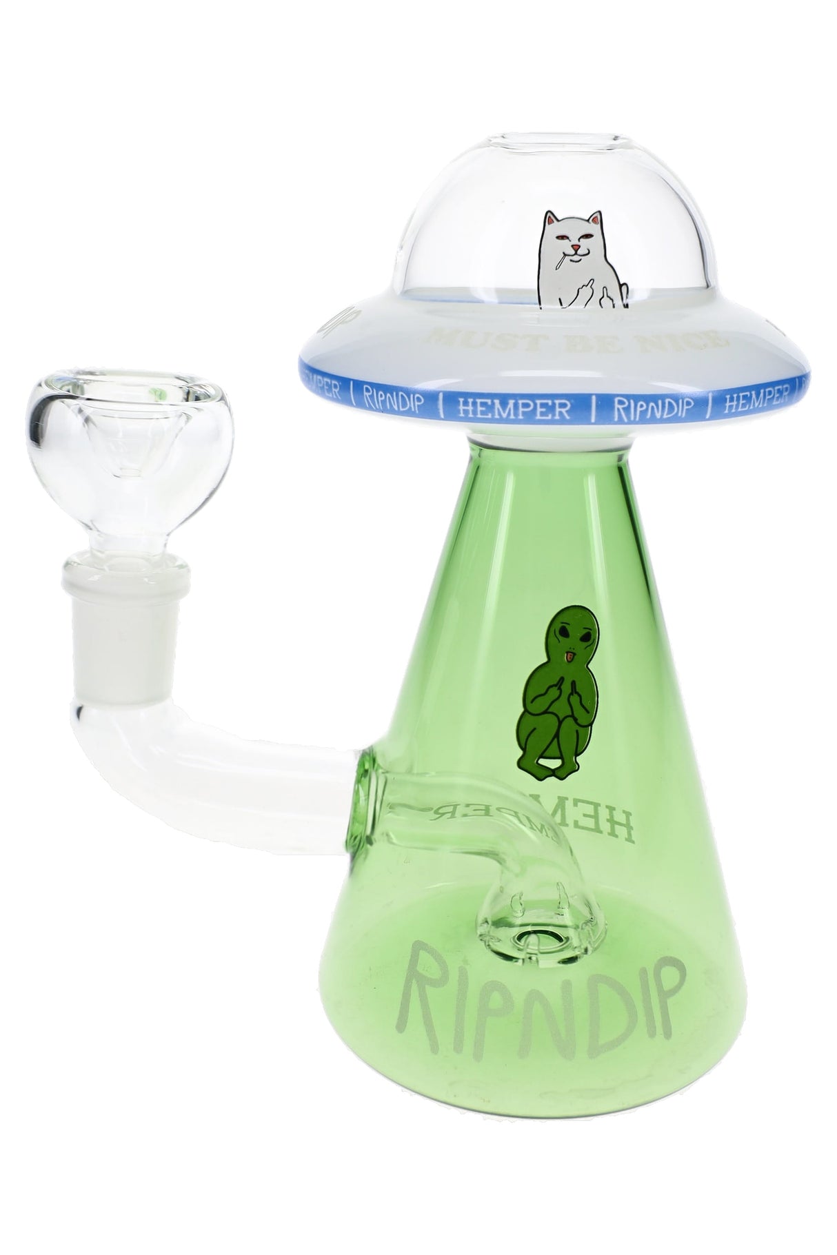 RIPNDIP x Hemper Lord Nermal UFO glass bong with green cone body, clear saucer top, and dry herb bowl