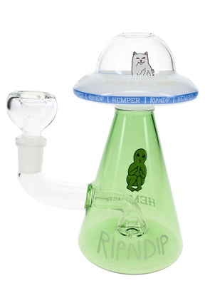 RIPNDIP x Hemper Lord Nermal UFO glass bong with green cone body, clear saucer top, and dry herb bowl